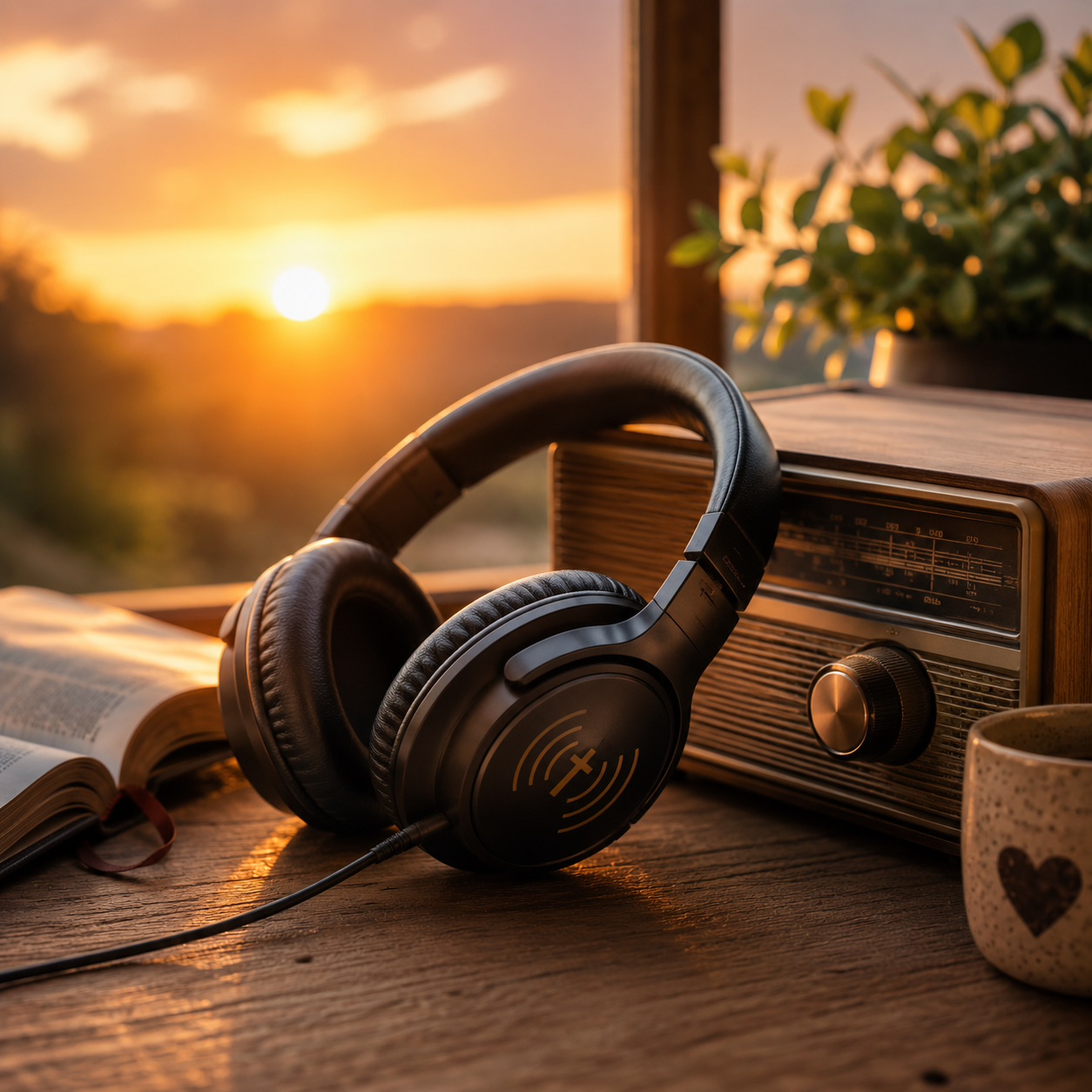 Audífonos junto a una radio y una Biblia al atardecer